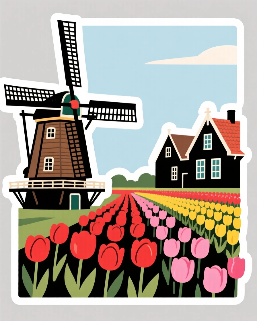 A richly detailed Dutch windmill beside a tulip field, framed by traditional architecture, during the region's most beautiful season.