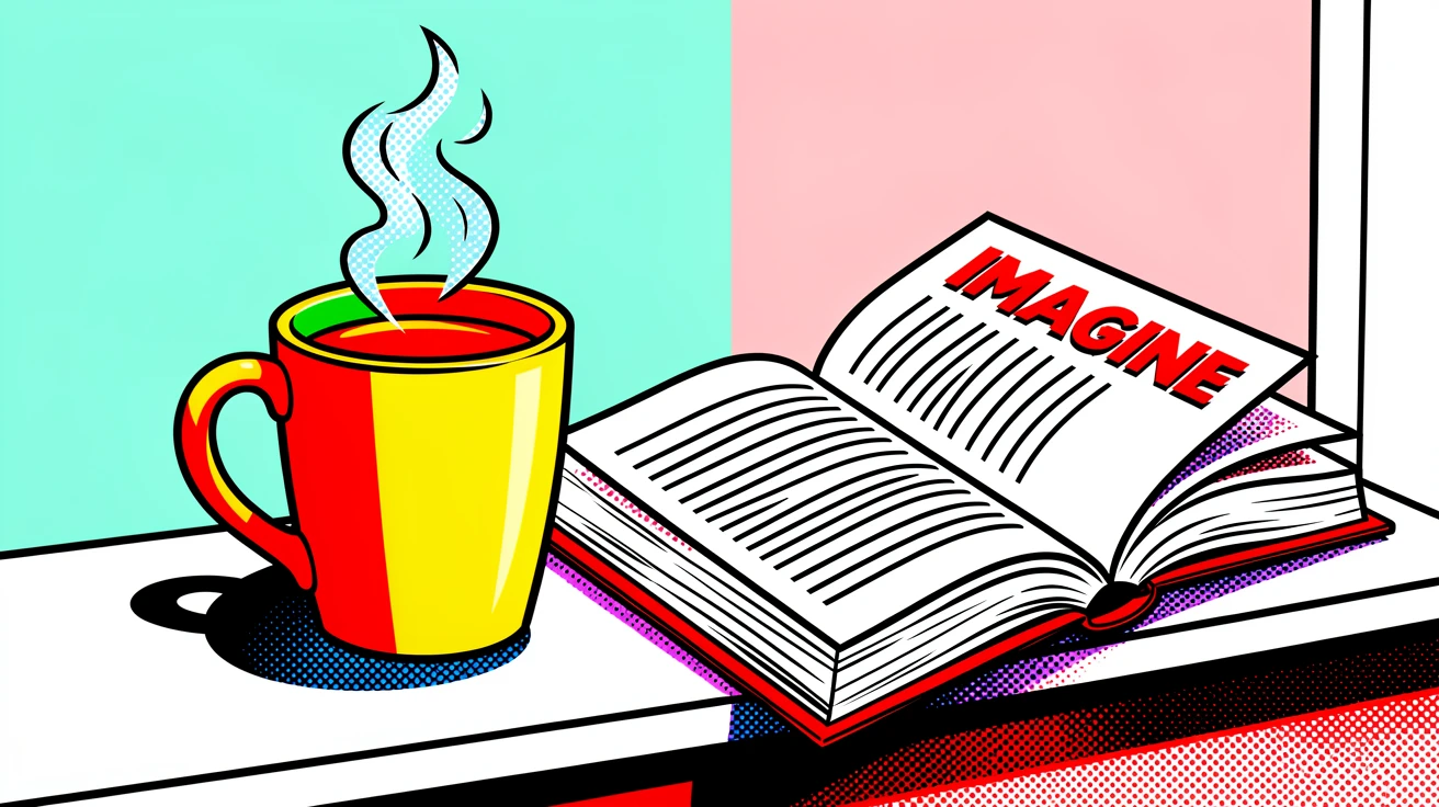 A steaming mug of tea beside an open novel on a windowsill