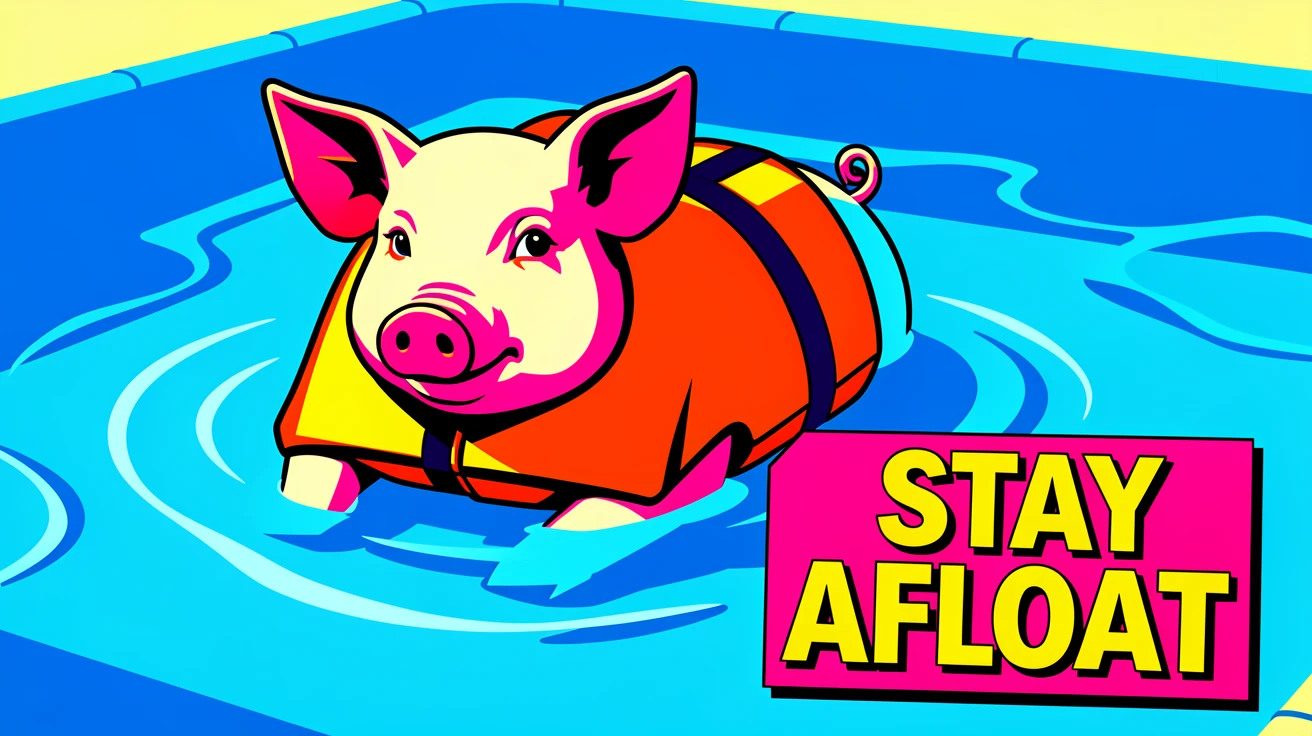 Pig wearing a life vest floating in a pool