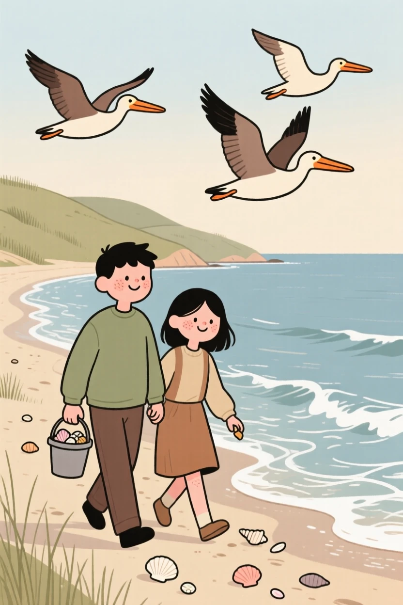 Waves roll gently onto a secluded cove where a young couple walk along the shoreline, collecting seashells as pelicans glide overhead.