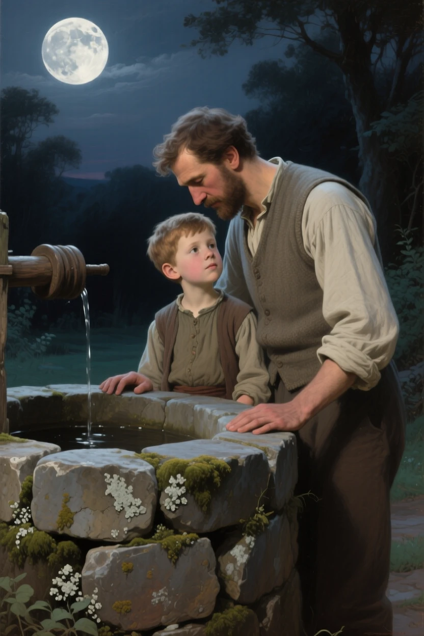 A close-up portrait of a father and his son beside an old stone well, filled with tender affection, under a full moon.