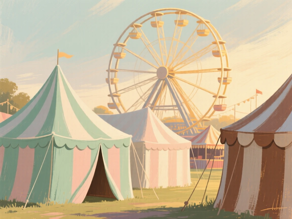 A country fair with striped tents and a Ferris wheel in the distance