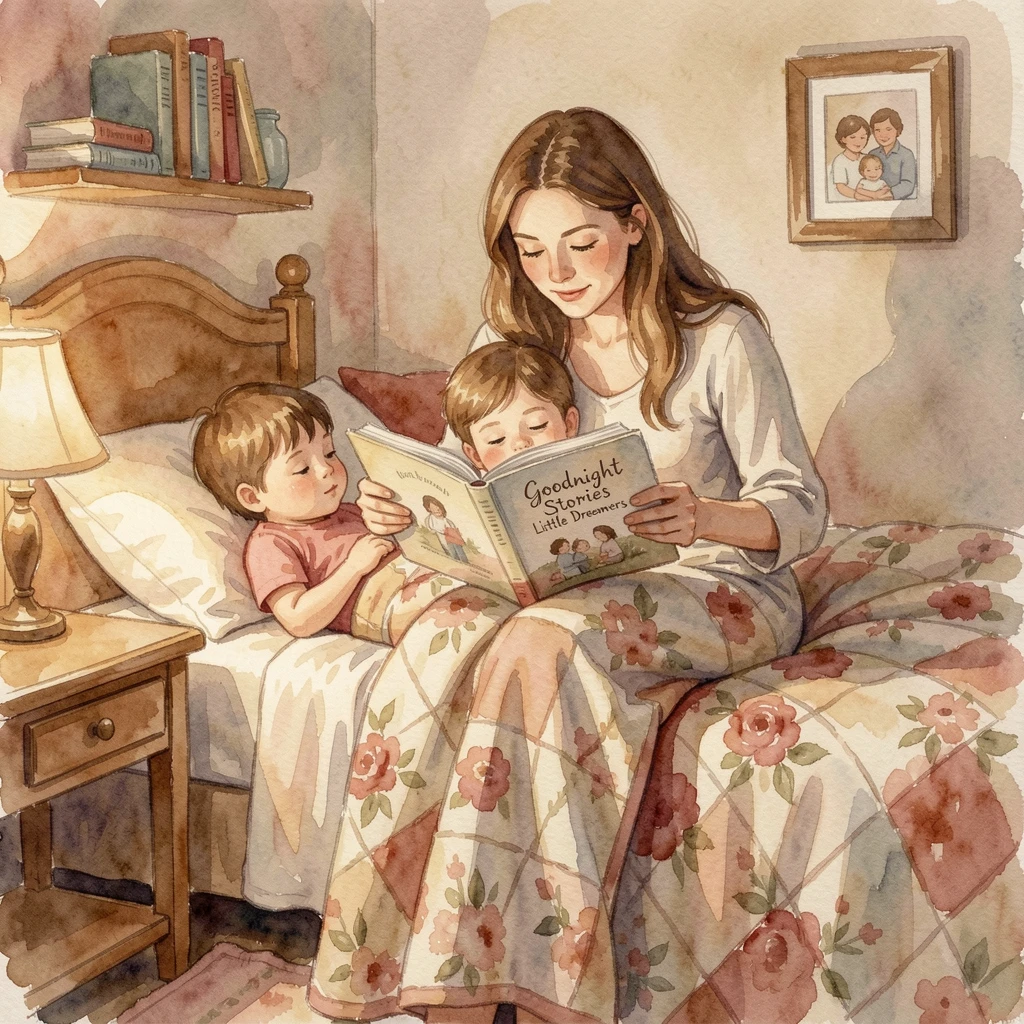 A mother reading a bedtime story to her children surrounded by a comforting, familiar setting.