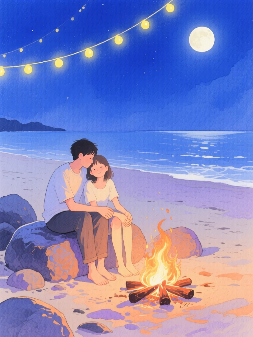 A tender moment of a moonlit beach bonfire, as string lights glow softly overhead, capturing quiet affection between two people