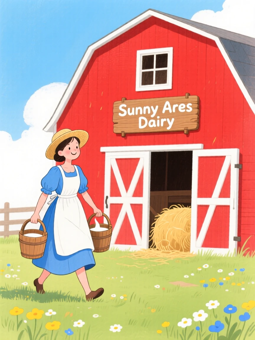A charming scene of a milkmaid carrying pails past a red barn.