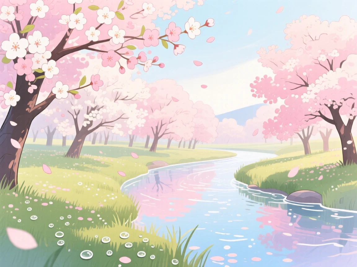 A cherry blossom grove in full bloom along a river, with morning dew glistening on the grass, filled with quiet majesty and stillness.
