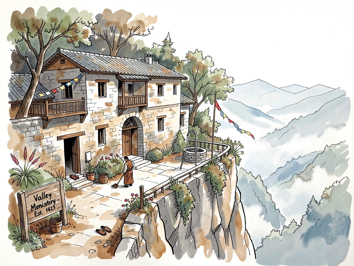 A remote monastery clinging to a cliffside above a misty valley, small details of daily life scattered throughout the setting.