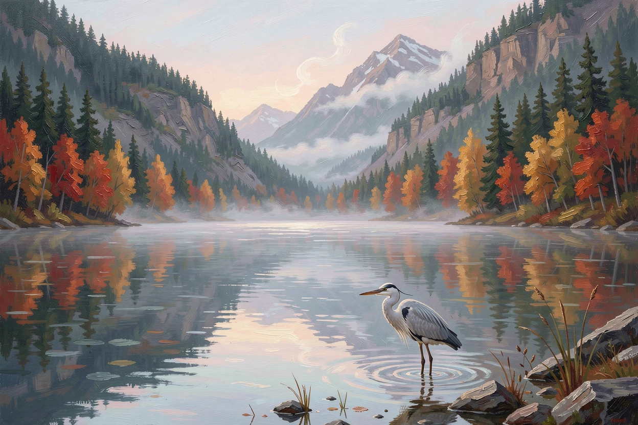 A glassy lake ringed by autumn-colored trees, a heron wading silently through the shallows, surrounded by towering pine-covered mountains, on a misty autumn morning.