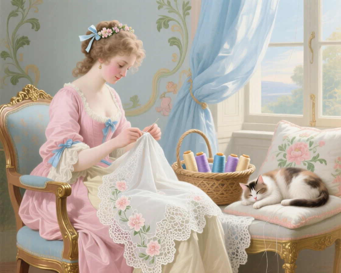 A seamstress sewing lace while her cat naps beside a basket of thread  