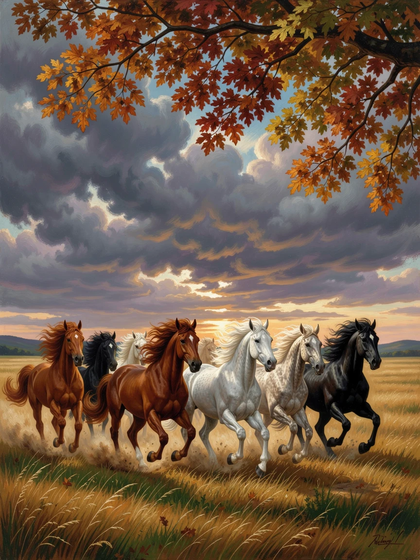 A team of horses races freely across an open prairie beneath storm clouds beneath a canopy of autumn leaves.