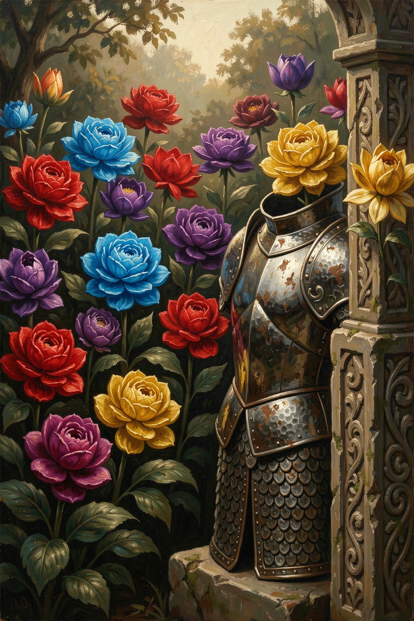 A queen's garden where every flower blooms in impossible, luminous colors, with intricate textures on armor, scales, or ancient stone, offering a breathtaking escape into a beautifully rendered fantasy world