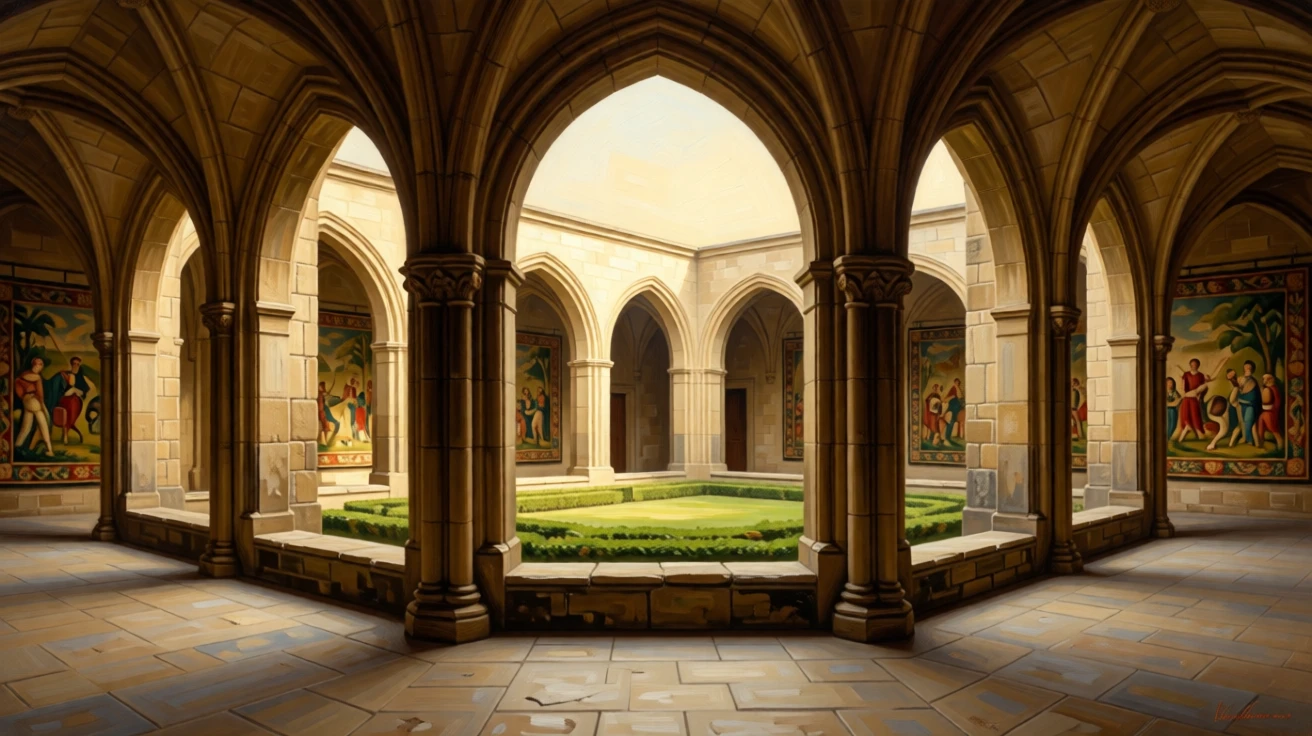 A monastery cloister with weathered stone arches and a central garden standing empty in the golden hush of late afternoon, set inside a grand academy of art and learning, with rich tapestries depicting scenes of hunts and festivals; strong vertical lines of columns lead the eye upward toward the light, suggesting both luxury and profound stillness.