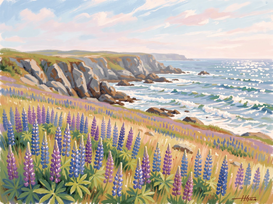 A field of lupines in shades of purple and blue rolling down toward a rocky New England coastline, during the height of summer, capturing a fleeting moment of pure happiness.