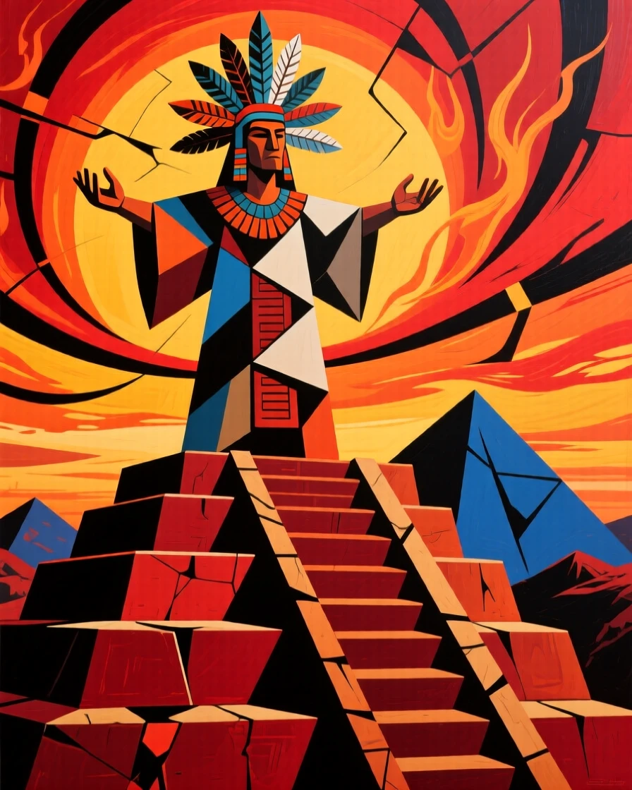 An Aztec priest standing atop a stepped pyramid beneath a fiery sunset.