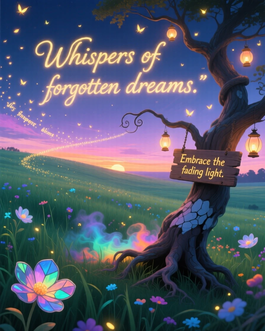 A summer field lit by fireflies that spell out fading words moves slowly across a horizon streaked with fading light, while the ground below begins to shimmer with quiet color.