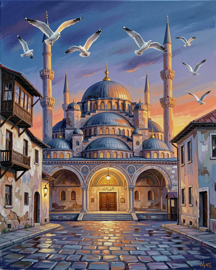 The Blue Mosque's domes and minarets glow at dusk in Istanbul, seagulls wheeling above as the call to prayer echoes across the city, small architectural details rewarding a closer look at the surrounding structures.