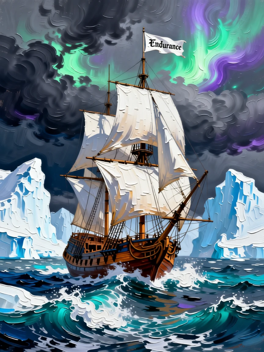A vintage sailing ship navigating through icebergs under a dramatic polar sky