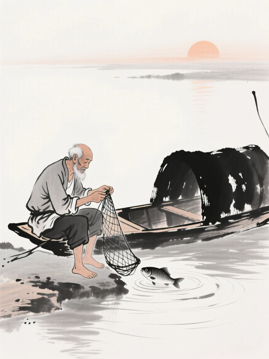 An old fisherman mends his nets on a quiet riverbank at dawn, as ripples spread slowly outward from the boat.
