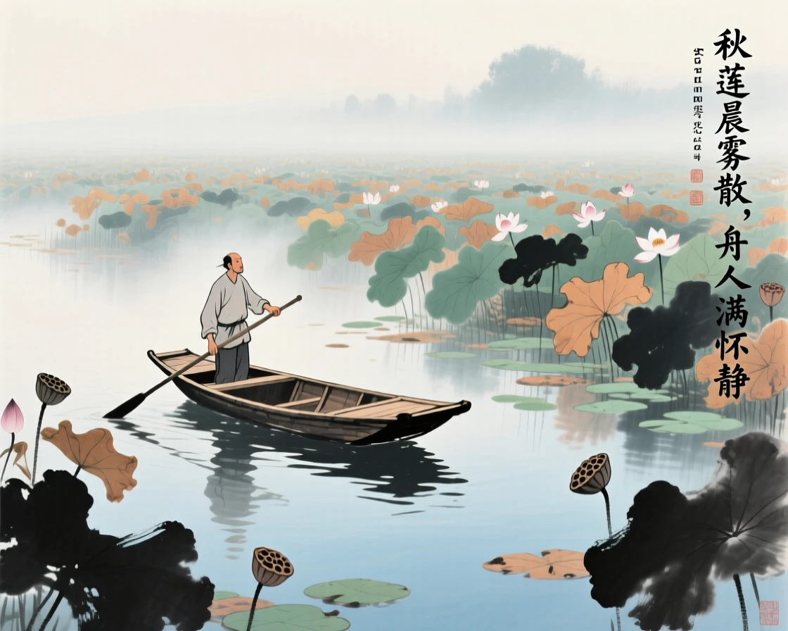 A boatman poling his craft gently through a field of lotus, in late autumn, as morning mist begins to lift, brimming with peaceful contentment.