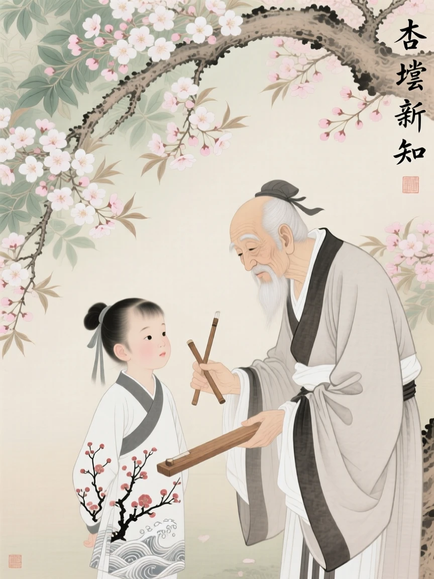 A young apprentice teaching a skill to an eager apprentice beneath a canopy of cherry blossoms
