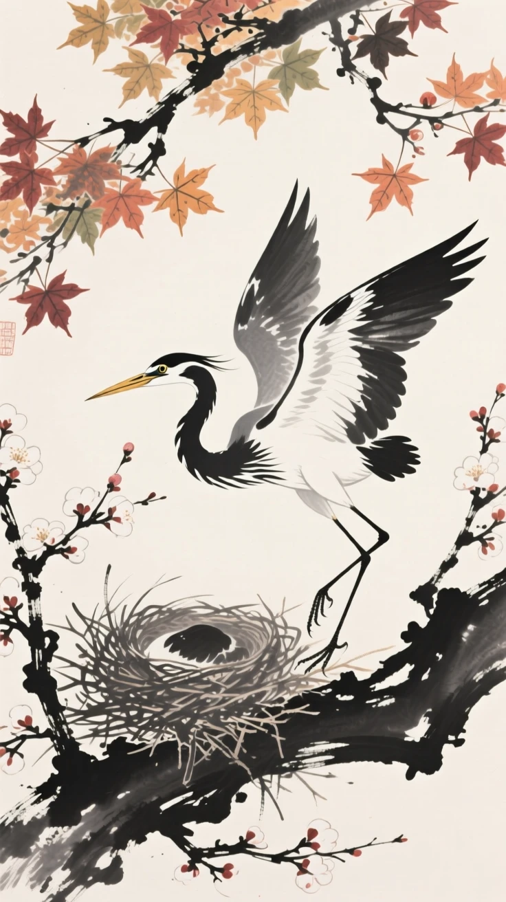 A heron nesting among blossoming branches beneath a canopy of autumn maple leaves, captured mid-motion with wings outstretched, suggesting renewal and the gentle passage of seasons.