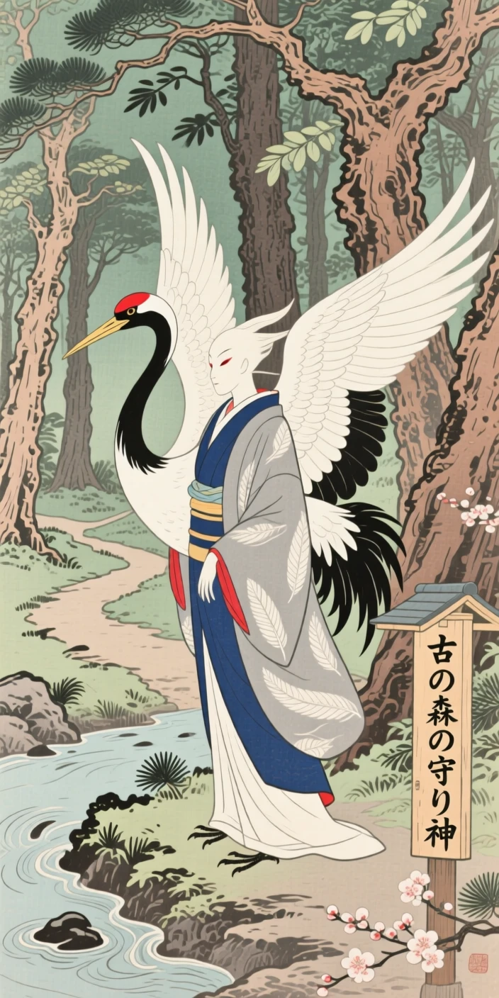 A transforming crane spirit standing guard at the edge of an old forest.