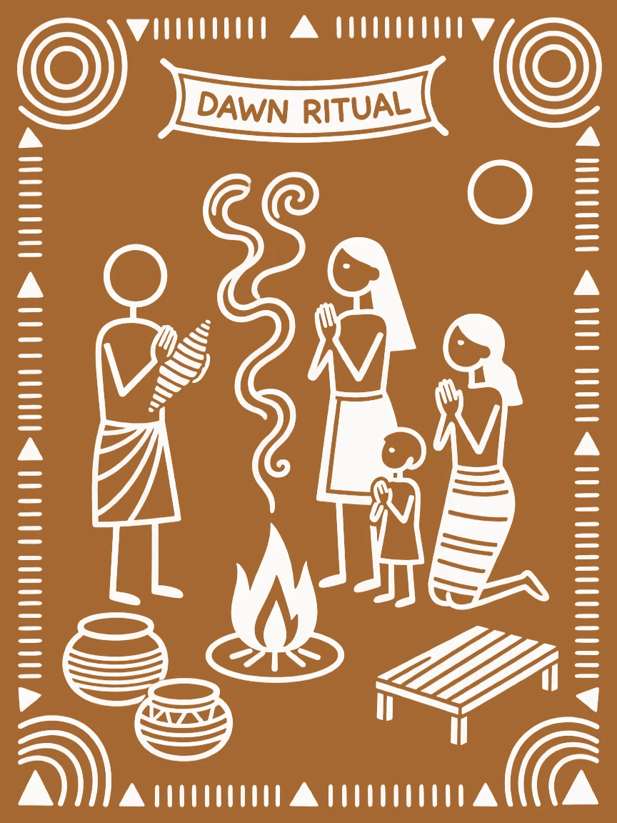 A family of worshippers during a quiet dawn ritual.