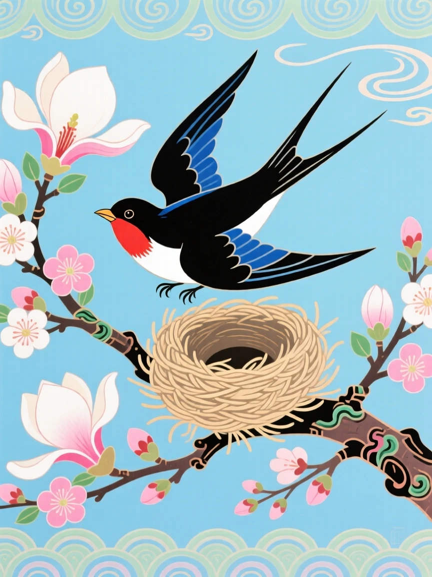 A single swallow returning to its nest in spring, symbolizing homecoming.