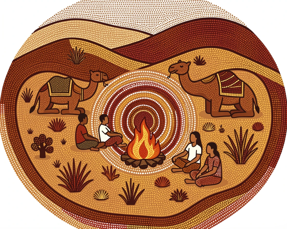 Travelers resting at a desert caravan camp