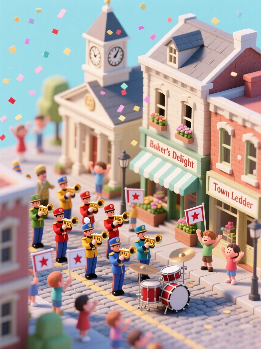 A bustling town parade with a marching band, children waving flags, and confetti drifting down from open windows above.