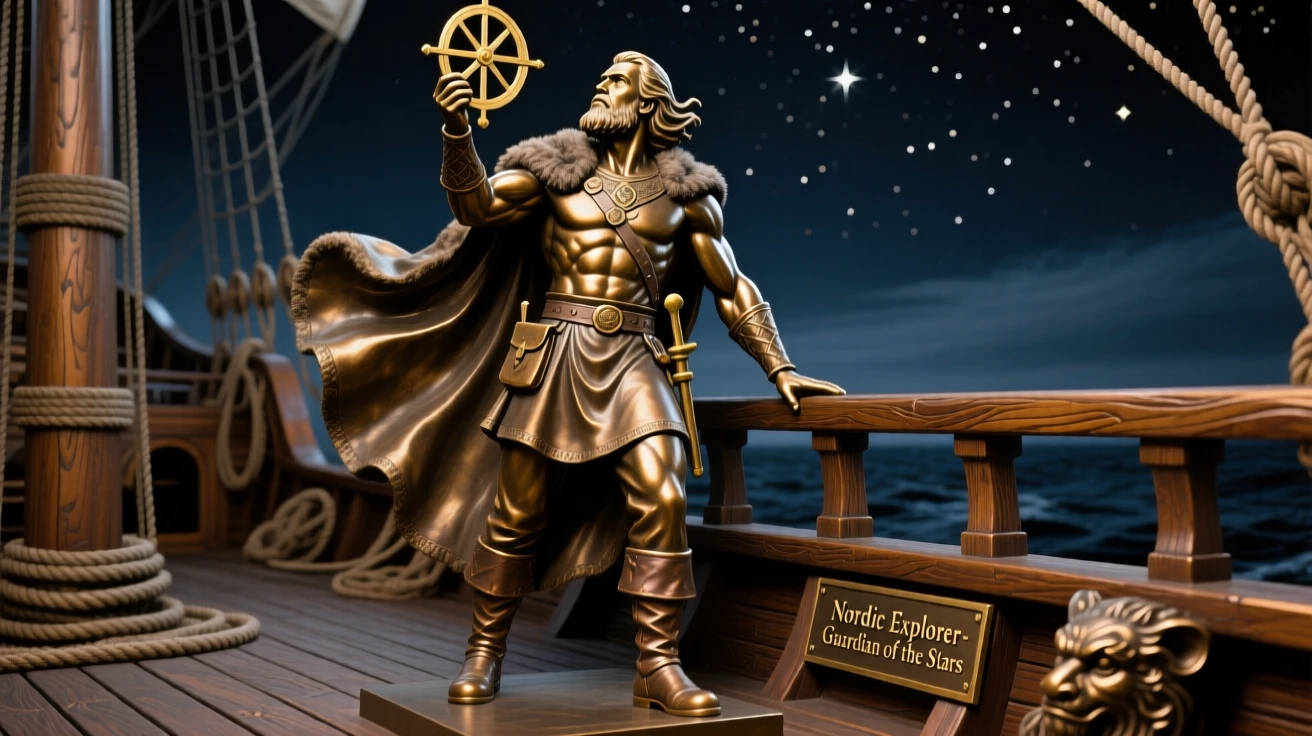 A nordic explorer studying the stars from a ship's deck, with muscles tensed in graceful strength, forming a strong central focal point