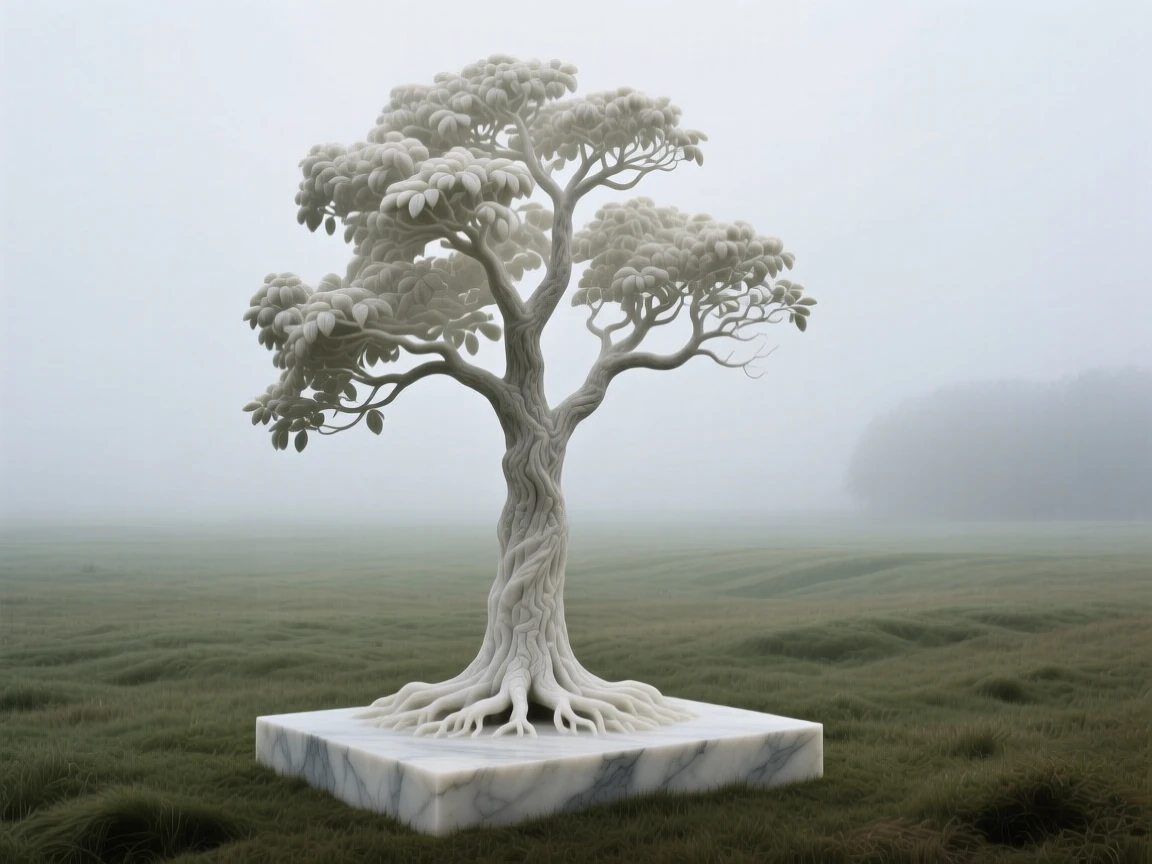 A beautifully composed image of a solitary tree standing in a misty field, in a moment of quiet stillness, full of atmosphere and visual storytelling
