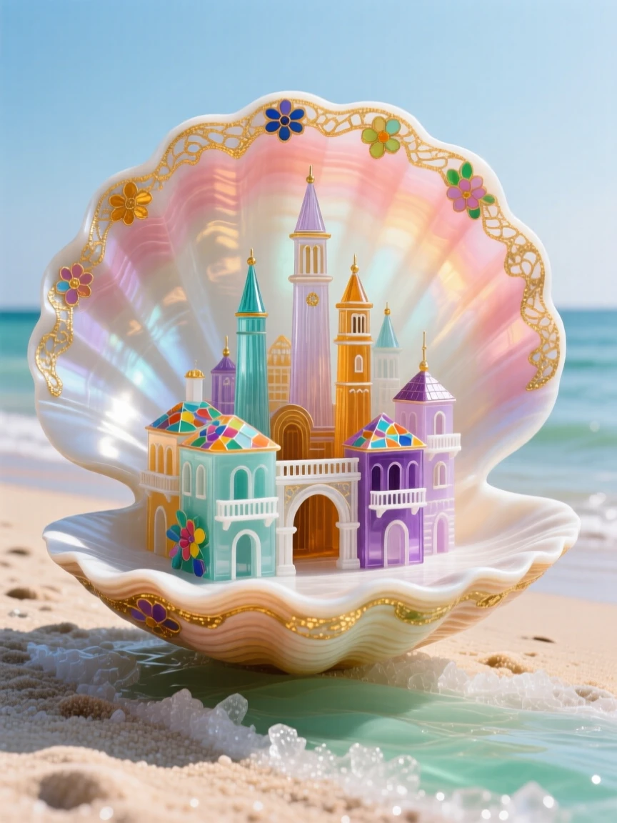A city built inside a giant seashell resting on a quiet beach, whimsical and intricate.