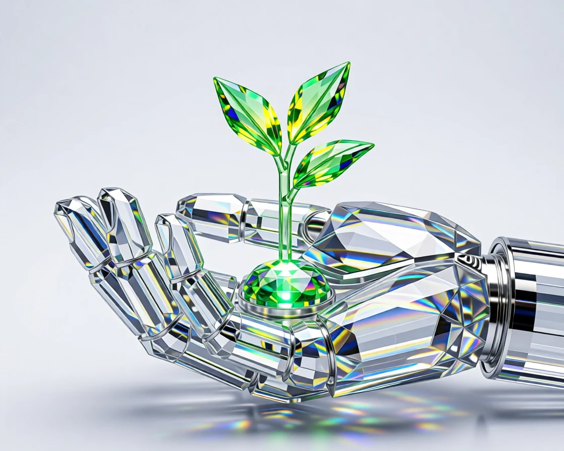 A robotic hand gently cradling a small glowing seedling in a sterile lab environment.