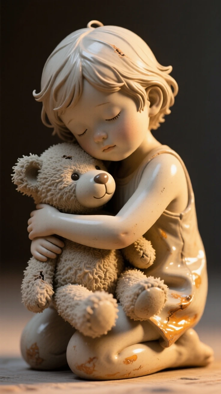 A child hugging a beloved stuffed animal caught in an intimate, unguarded moment, illuminated by a warm, golden glow, capturing a universal moment of human connection.