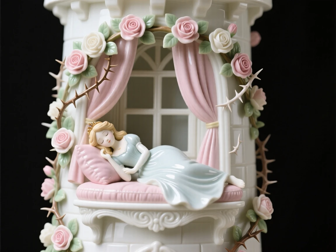 A storybook depiction of a sleeping princess in a tower surrounded by a curtain of roses and thorns, rendered with warm, nostalgic charm.