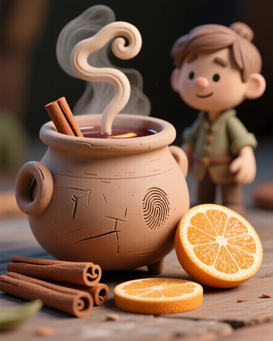A steaming cauldron of mulled cider beside cinnamon sticks and oranges