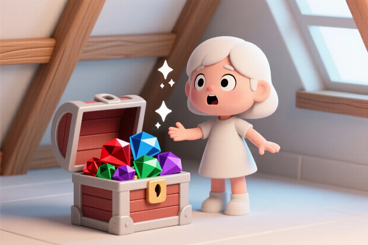 A young girl gasps in wonder as she opens a treasure chest filled with glittering costume jewels in an attic.