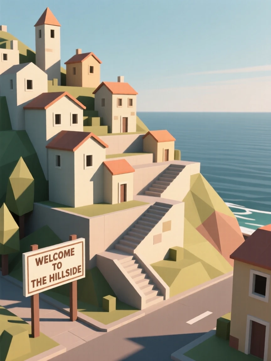 A terraced hillside town overlooking the sea, glowing warmly at sunset. the framing draws the eye along a natural leading line. There is a warm sense of nostalgia.