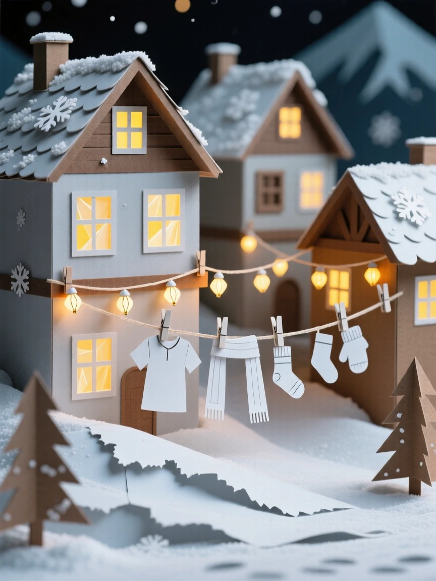A snow-dusted alpine town illuminated by string lights after dark, with laundry lines strung between windows, evoking quiet, timeless beauty.