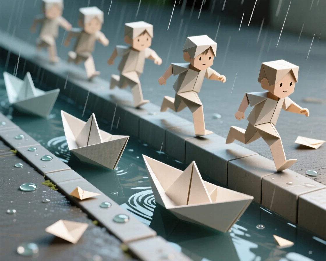 A group of children racing paper boats down a rain gutter after a storm.