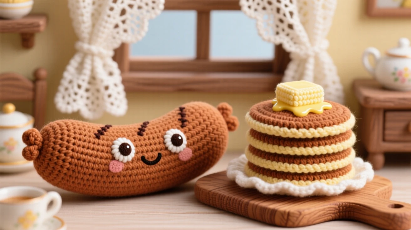 A delightful still-life of a plump breakfast sausage character resting beside a stack of pancakes, with a small pat of butter melting nearby within a charming tea room with lace curtains; a rustic wooden serving board nearby, full of bright, appetizing cheerfulness.