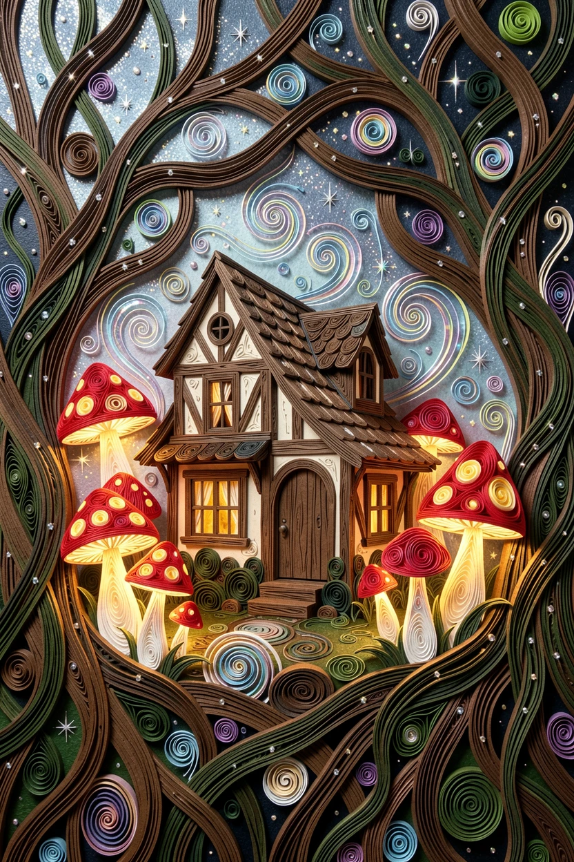 a witch's cottage nestled among glowing toadstools, within a cathedral of ancient twisted roots, composed with swirling magical particles filling the air, with shimmering starlight reflected on every surface.