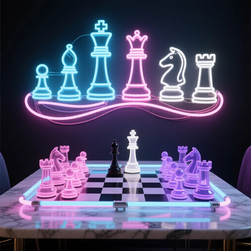 A chess set mid-game on a marble table.