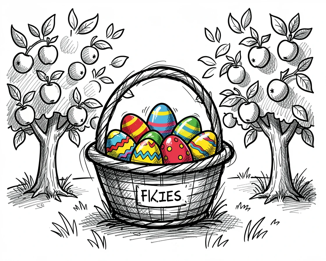 A basket of colorful painted eggs in an orchard during apple season.