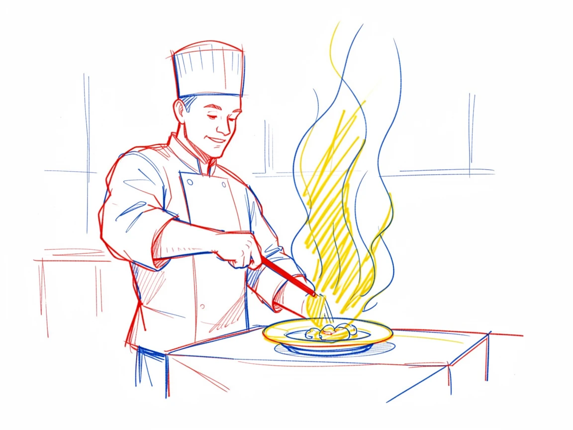 A chef flambéing a dish tableside, flames rising dramatically
