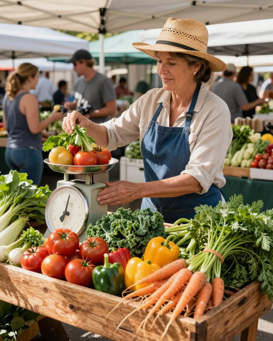 A farmers market vendor weighing fresh organic vegetables