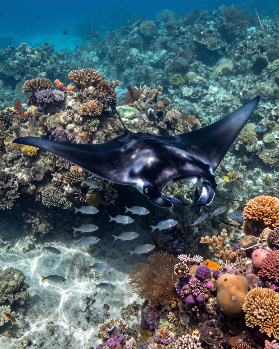 A manta ray glides silently over a coral reef trailed by a school of small fish.
