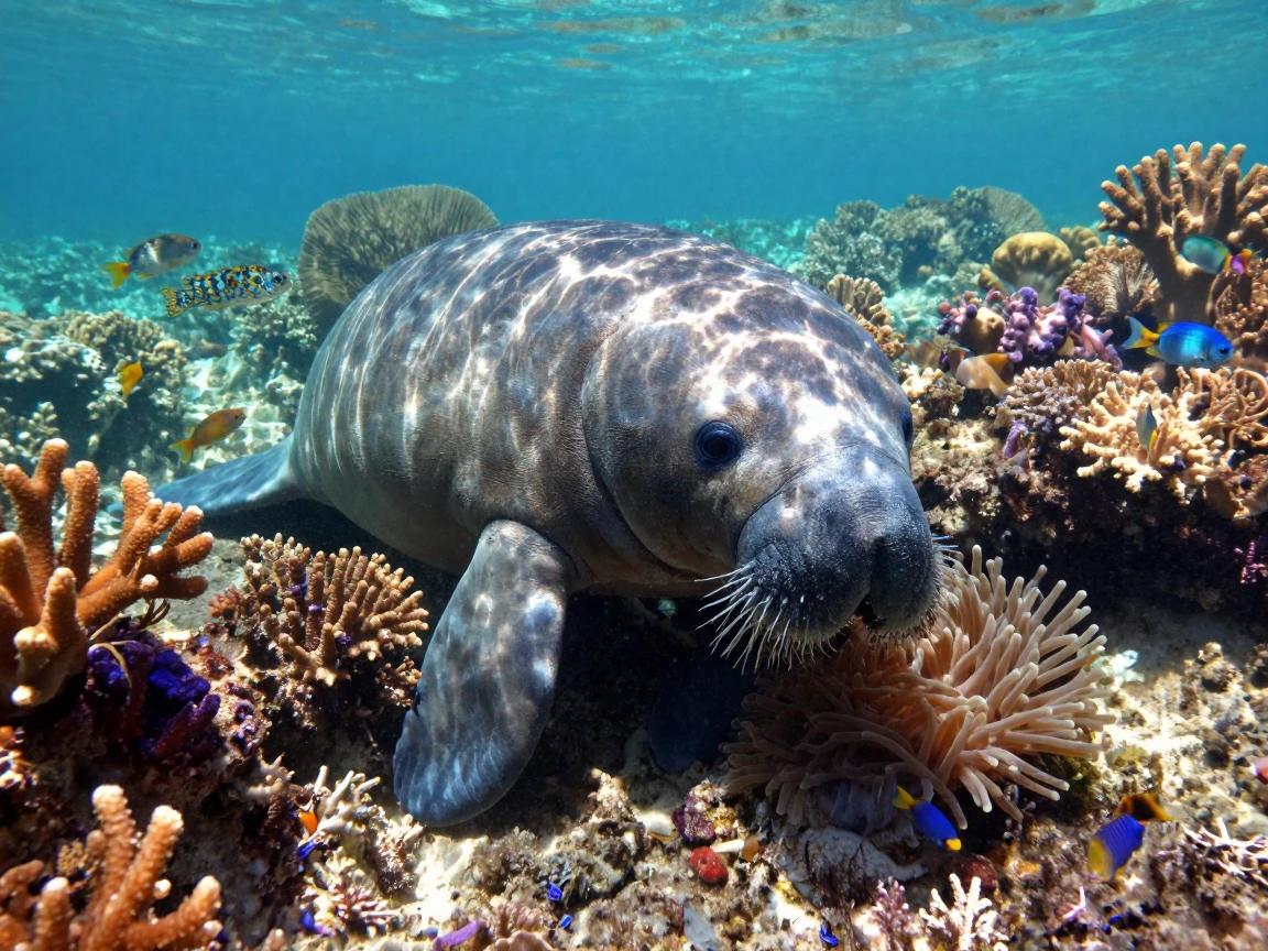 A gentle manatee huddling together for warmth within a coral reef teeming with life