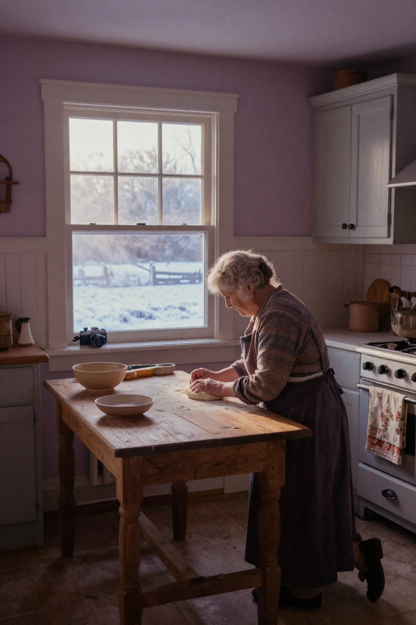 A grandmother kneading dough in a sunlit farmhouse kitchen, in warm morning light, as mist rises off the ground, in the depths of winter, in dusty lavender and rose tones, from behind, looking toward the horizon.